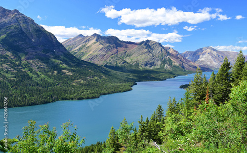 an incredible view in summer from the goat haunt hike overlook in goat haunt, glacier national park, montana, over the mountains, forests, and water of waterton lakes national park in alberta, canada