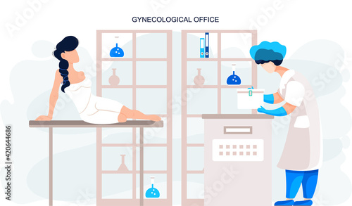 Woman with gynecologist in ginecological office. Female doctor examines young woman in laboratory