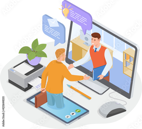 Video call with friend. Men communicating by phone and computer. Online conference, virtual meeting