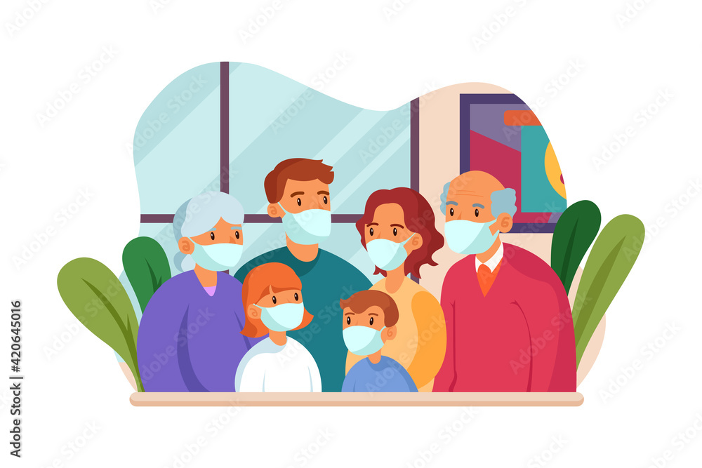 A big family of 6 people isolating society and wearing a mask to prevent virus.