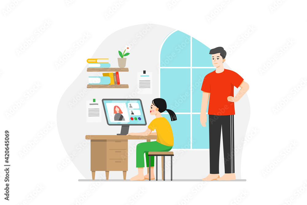 Dad watching his daughter having fun studying online in quarantine time Dad watching his daughter having fun studying online in quarantine time