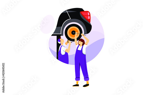 Mechanic man repairing automobile with woman in auto service