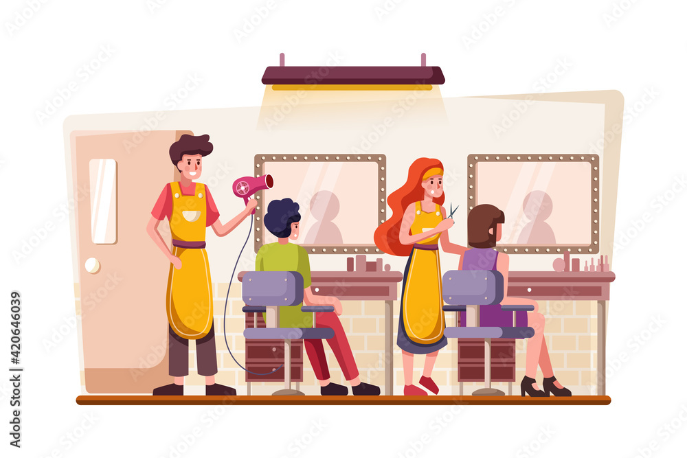 Hair salon building and interior with customer Hair salon building and interior with customer