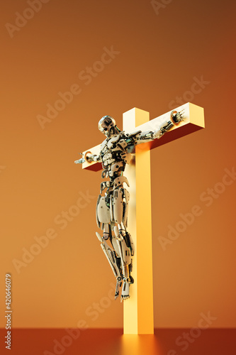 Technology crucifiction, robot on golden cross