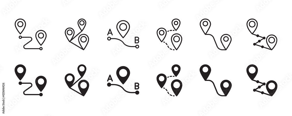 Map, route, gps distance, roadmap icon set. Vector graphic illustration. Suitable for website design, logo, app, template, and ui.  