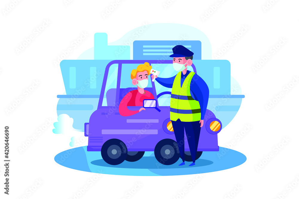 Police officer checking body temperature road side Police officer checking body temperature road side