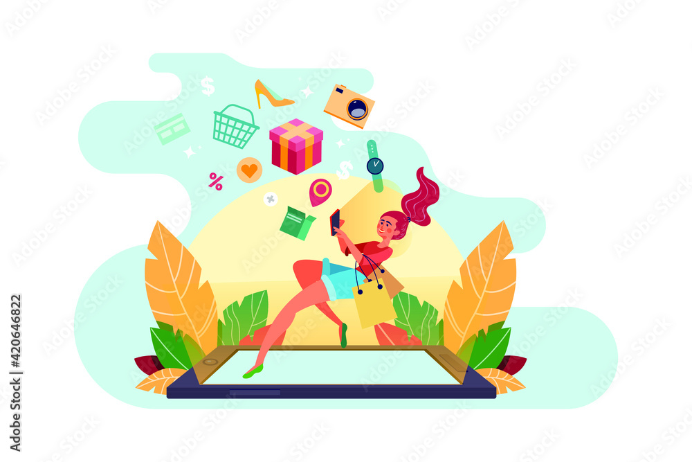 A girl looking for an item in an online shop. A girl looking for an item in an online shop.