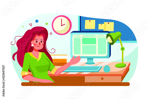 Cartoon girl manager working on computer with disheveled hair