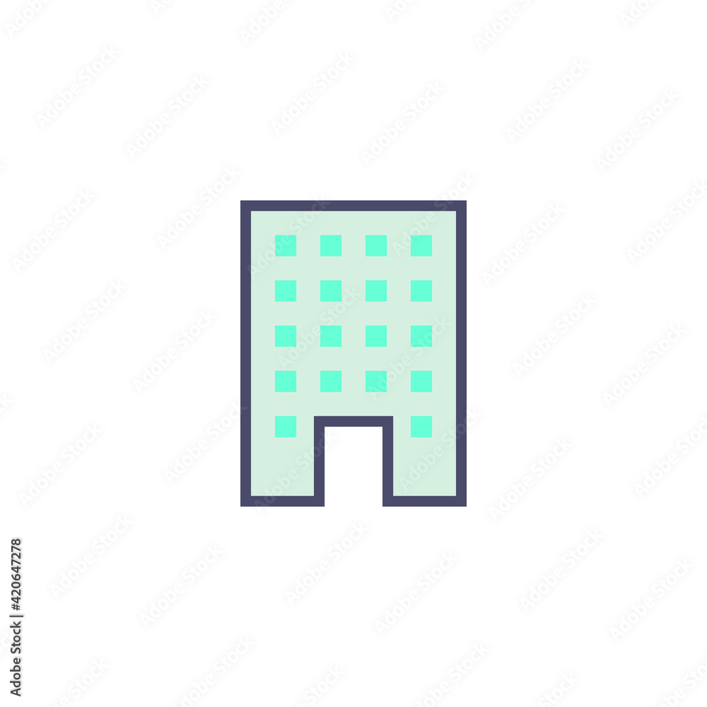 Building icon. Simple filled outline style. Office, modern urban skyscraper, apartment, business, green home, house concept. Vector illustration isolated on white background. EPS 10.