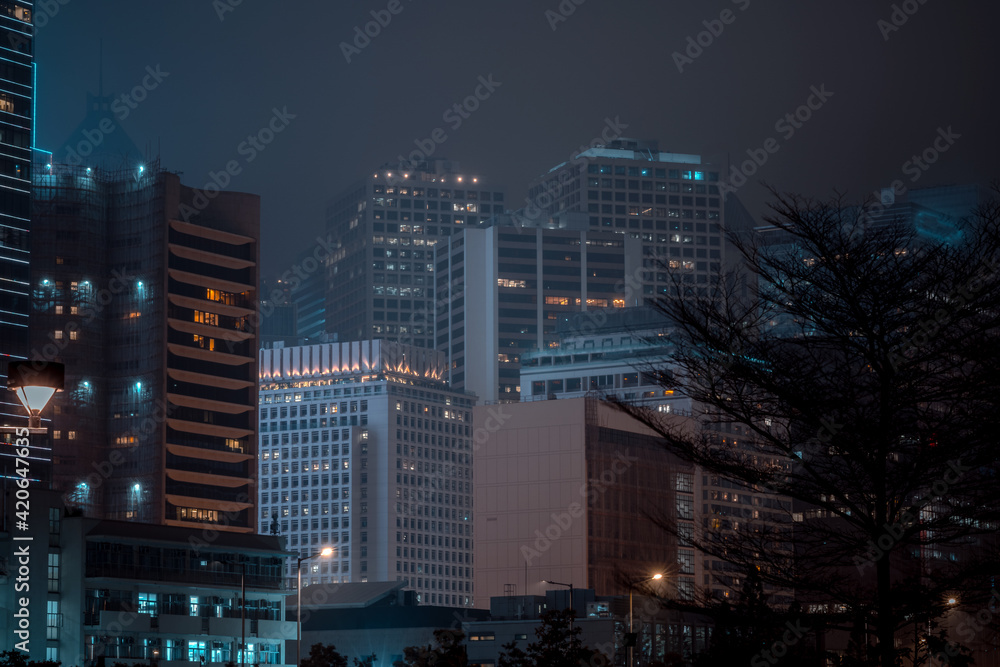 Obraz premium Modern office buildings in Hong Kong at foggy night