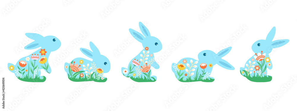 A set of cute colorful bunnies decorated with flowers. Decorative vector illustrations of a happy Easter icon