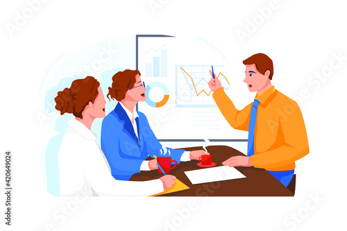 The man is pointing at the chart to give guidance to colleagues.