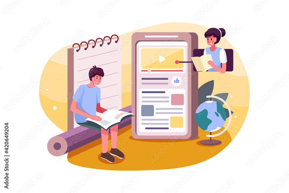 Fototapeta premium School boy learning online course on mobile. 