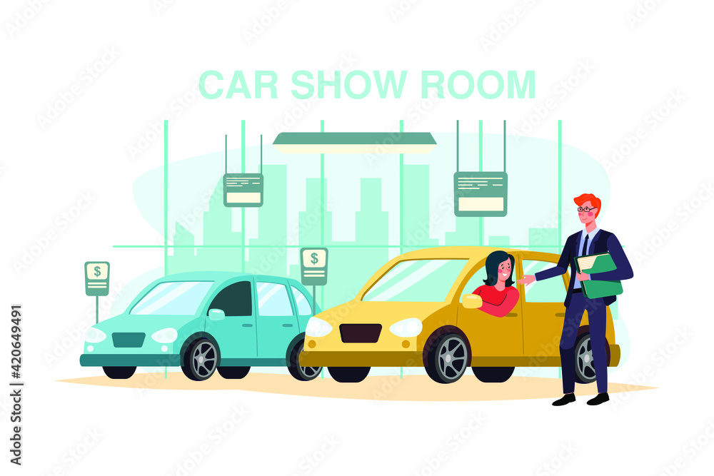 Young woman testing a car in a car showroom Young woman testing a car in a car showroom