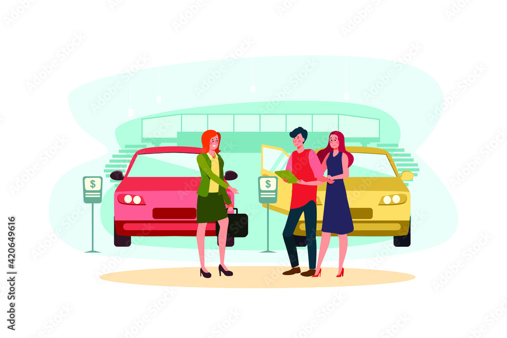 Salesperson showing vehicle to potential customer in dealership Salesperson showing vehicle to potential customer in dealership