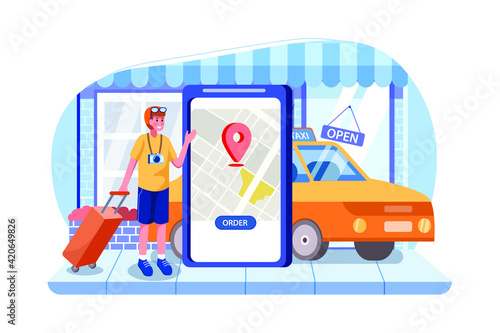 Tourist with a suitcase using a mobile ride hailing app to order a car, location shown on the screen of the phone
