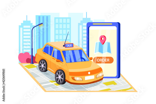 Smartphone with route and points location on a city map on the urban landscape background.