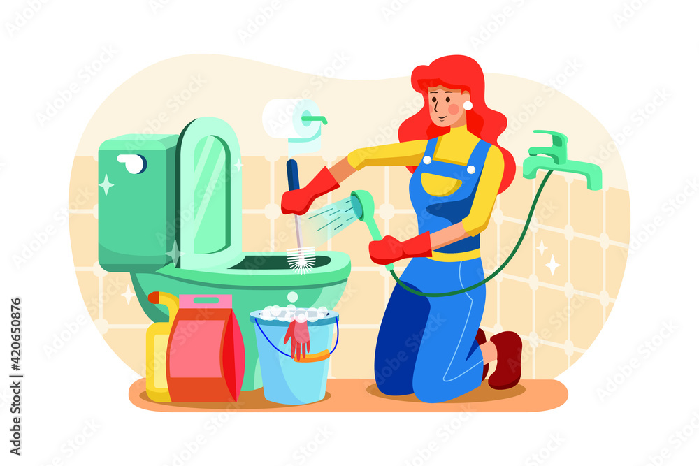 Plumbers are soaking up the water and cleaning the toilet.