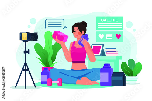Young female blogger recording video content on healthy food