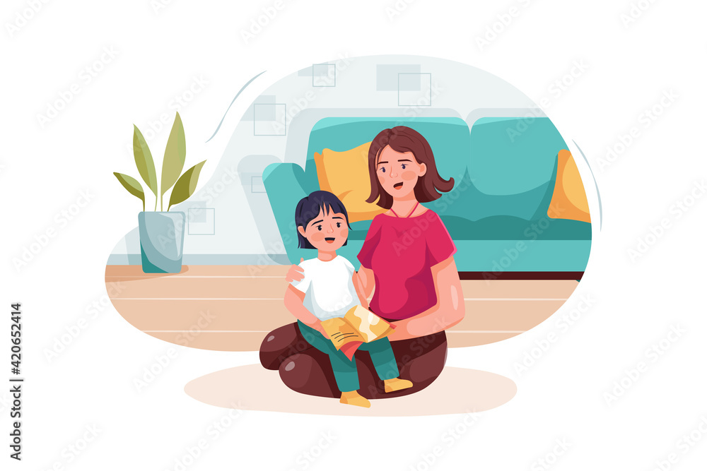 Fototapeta premium Babysitter embracing little girl reading fairy tale to kid.