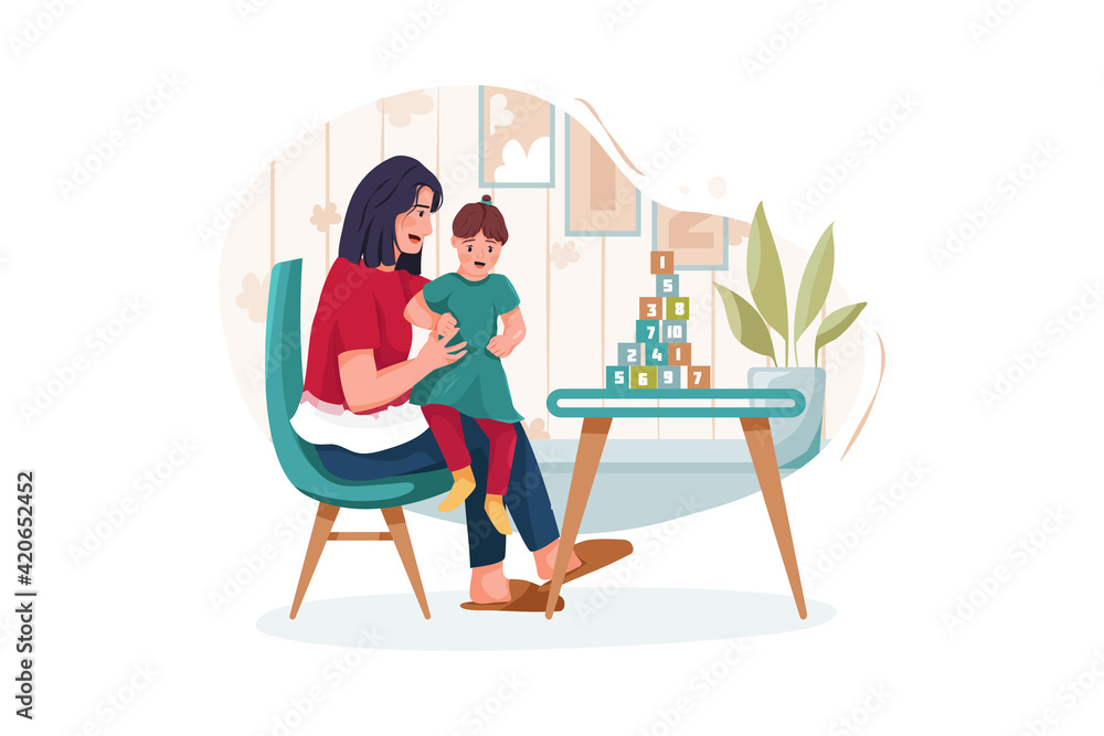 Cute little girl with young nanny at table, indoors
