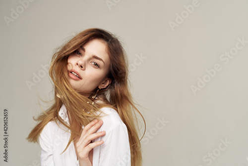 Elegant woman white shirt attractive look close-up