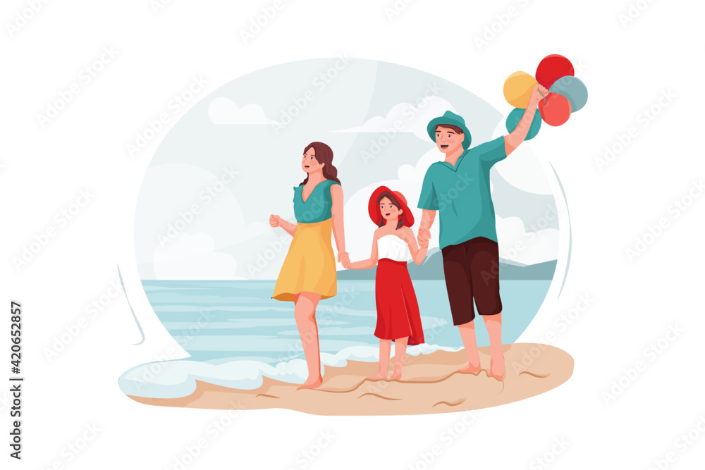 Parents and daughter walking around the beach. Parents and daughter walking around the beach.