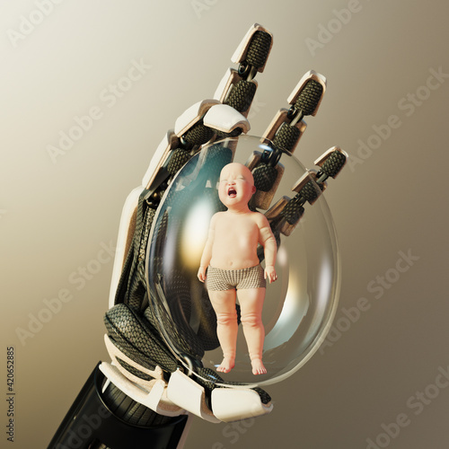 Futuristic technology babysitter, crying unhappy baby inside transparent egg held in cyborg robot hand photo