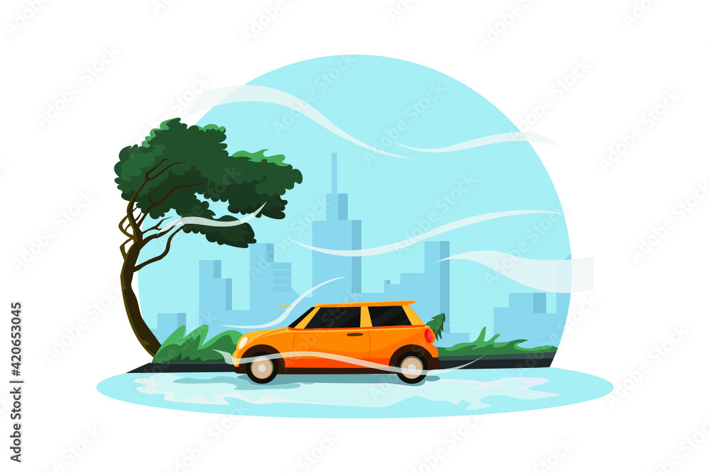 Natural disaster concept. Vehicle transport consequences natural disaster, breeze gust