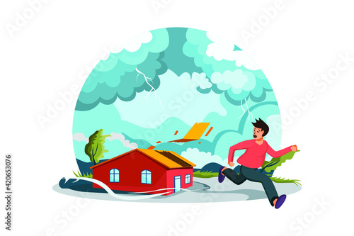 Natural disasters outdoor composition with living house on storm flat images of sky and environment