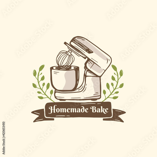 mixer logo bakery baking with leaves ornament in hand drawn illustration style
