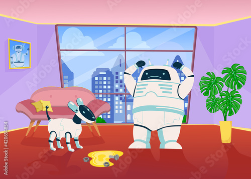 Angry robot scolding mechanical dog for peeing on floor at home. Cute digital cyborgs mascots. Flat vector illustration. Futuristic robotic technology concept