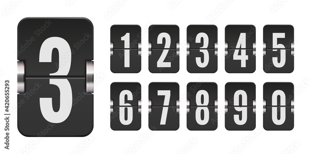 Set of flip score board numbers for black countdown timer or calendar isolated on white. Vector template for your design. Set of flip score board numbers for black countdown timer or calendar isolated on white. Vector template for your design.