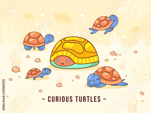 Light background design with cute little turtles. Curious turtle characters swimming and living in ocean. Marine wildlife and animals concept. Template for promotional or invitation web page