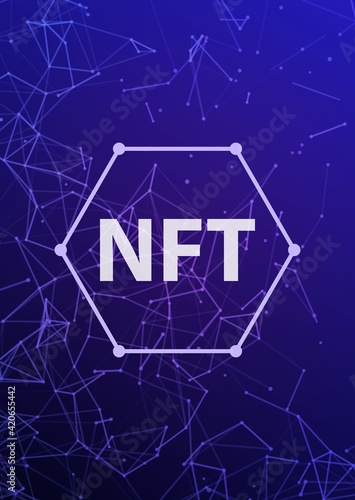 NFT non-fungible token concept on polygonal abstract background. Plexus connect lines with polygonal shapes on dark blue backdrop and white non fungible token sign. Vector card illustration
