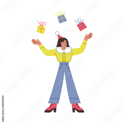  A girl is juggling with gift boxes. Vector bright character on white background for postcards, posters and advertising. 
