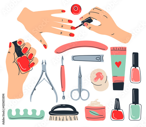set of tools for manicure. girl paints her nails. hand holds varnish for notes. vector illustration in flat style.