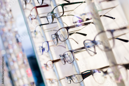 Image of glasses showcase at the modern optic shop, nobody