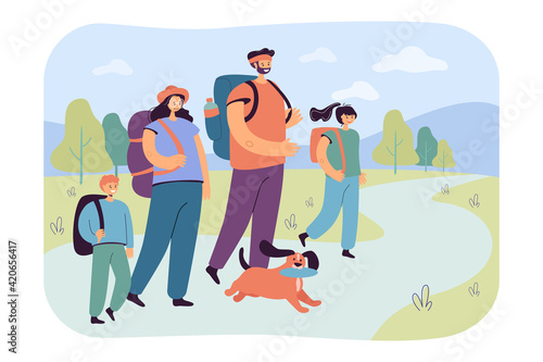 Happy parents with children walking on nature flat vector illustration. Cartoon active tourists or hikers camping or trekking with backpacks. Summer activity, holiday and leisure concept