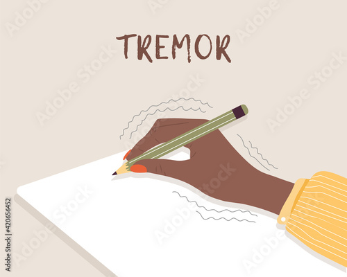 Tremor hands. Primary symptom Parkinson disease. Arms writing with a pen. Physiological stress symptoms. Vector illustration in flat cartoon style.