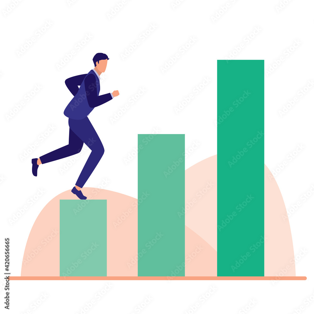Businessman Running Up Stairs And Overcome Obstacles. Business Challenges. Full Length. Flat Design. Businessman Running Up Stairs And Overcome Obstacles. Business Challenges. Full Length. Flat Design.