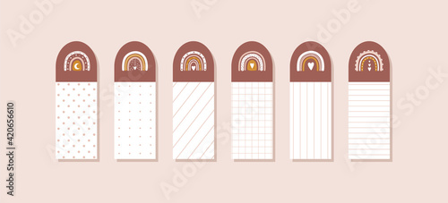 Stickers with boho rainbows. Template design for organizing your planner, diary or notepad. Cute vector illustration in flat cartoon style.
