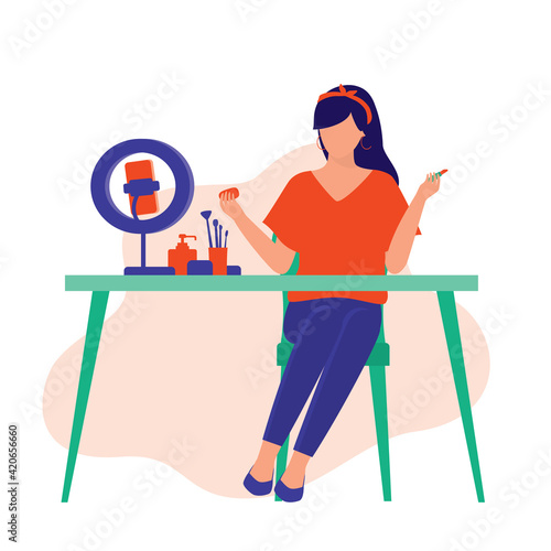 Makeup Artist Teaching Makeup On Live Streaming. Vlogging Concept. Vector Flat Cartoon Illustration. Female Vlogger Selling Cosmetic Products Online.