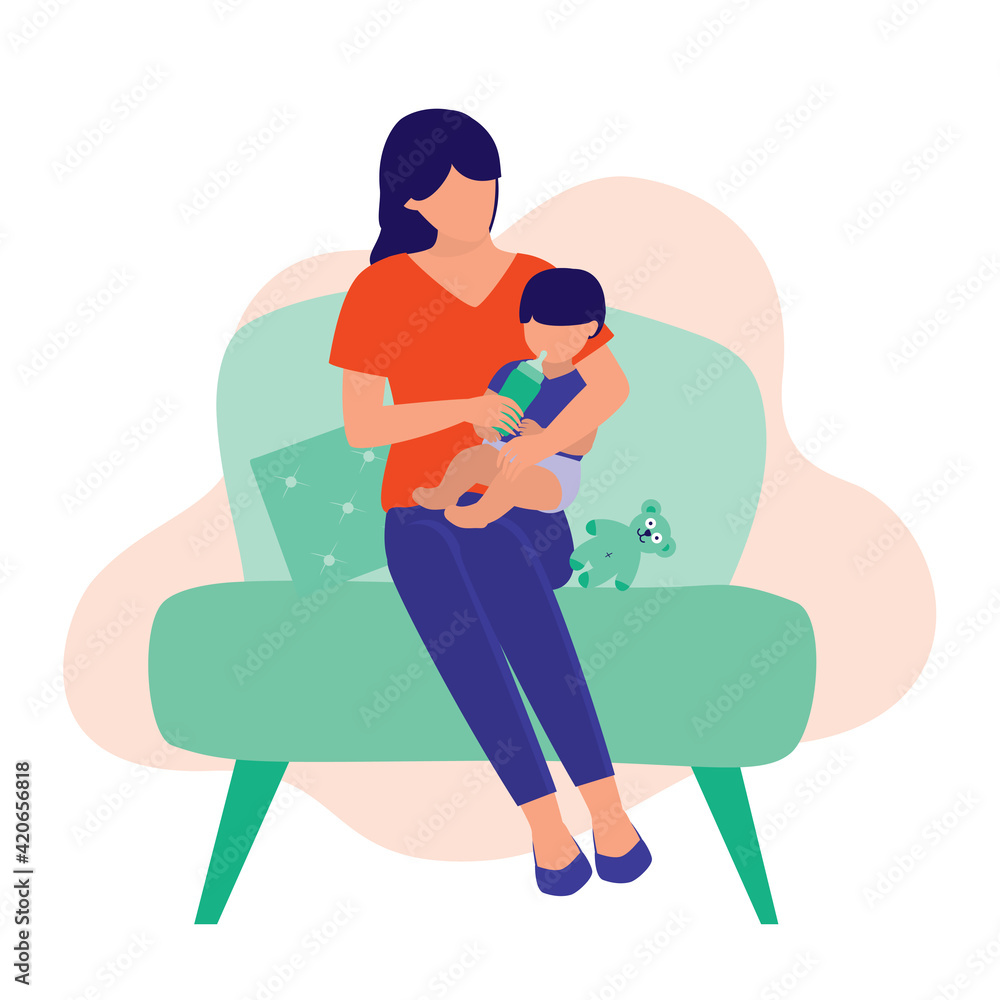 Fototapeta premium Mother Bottle-Feeding Her Baby. Motherhood Concept. Vector Flat Cartoon Illustration. Young Mother Sitting And Carrying A Toddler.