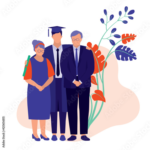 Graduate Student And Parents Taking Photographs Together. Graduation Family Photo Shoot Concept. Vector Flat Cartoon Illustration. Father, Mother, And Son Standing Together To Take A Picture.