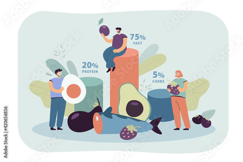 Tiny people eating ketogenic food flat vector illustration. Cartoon characters fasting with keto diet. Balanced nutrition and healthy dietology concept