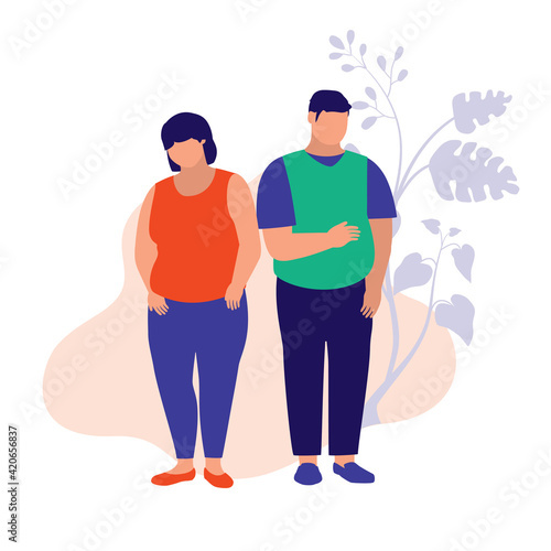 Fat People. Health And Body Conscious Concept. Vector Flat Cartoon Illustration. Man And Woman Overweight.