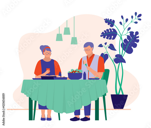 Senior Couple Eating Healthy Food And Balanced Diet. Full Length. Flat Design.