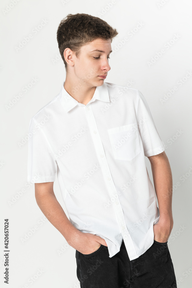 Basic white shirt for boys’ teen’s apparel studio shoot Basic white shirt for boys’ teen’s apparel studio shoot