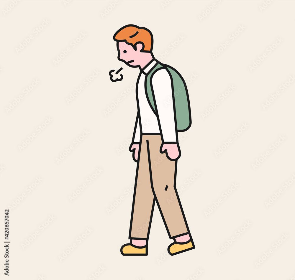 A boy is walking with a sigh. A victim student being bullied.
 flat design style minimal vector illustration.